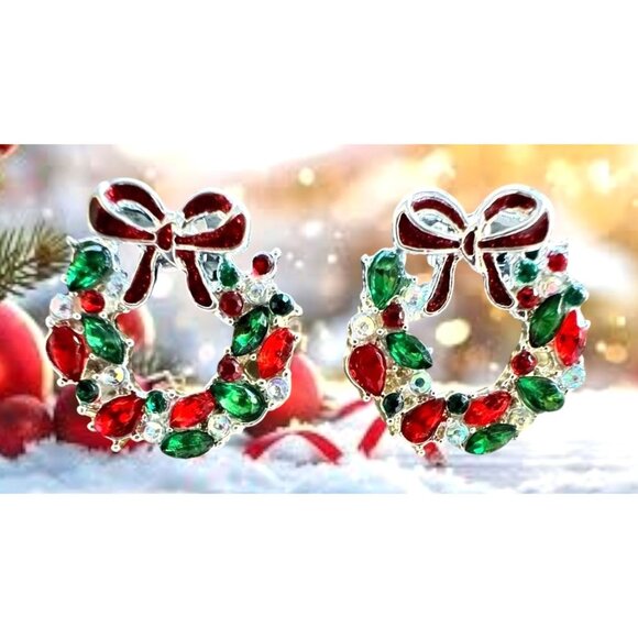 Christmas Wreath Earrings New Red Green Clear Crystals Posts Festive Bow… - Picture 9 of 12